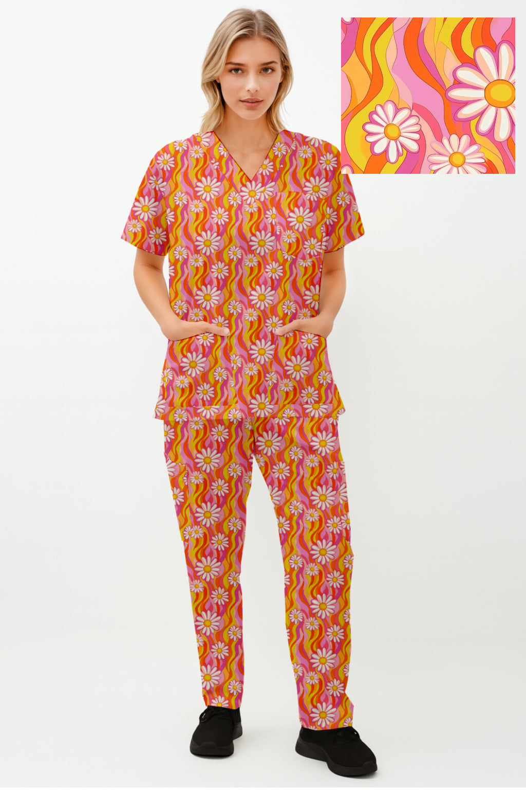 Retro Daisy  Printed  Scrub Set