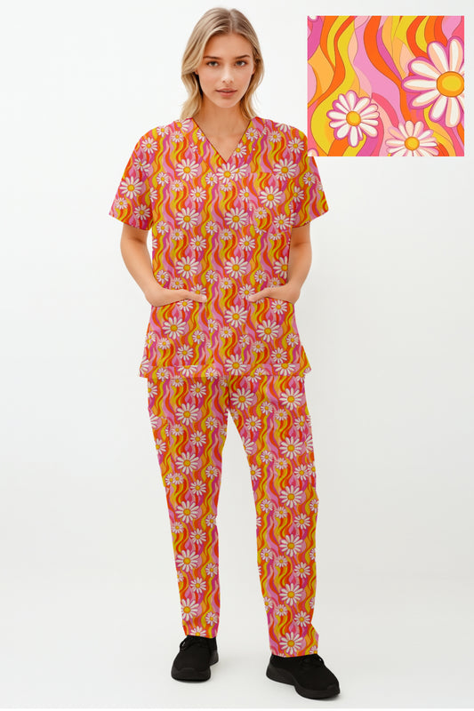 Retro Daisy  Printed  Scrub Set