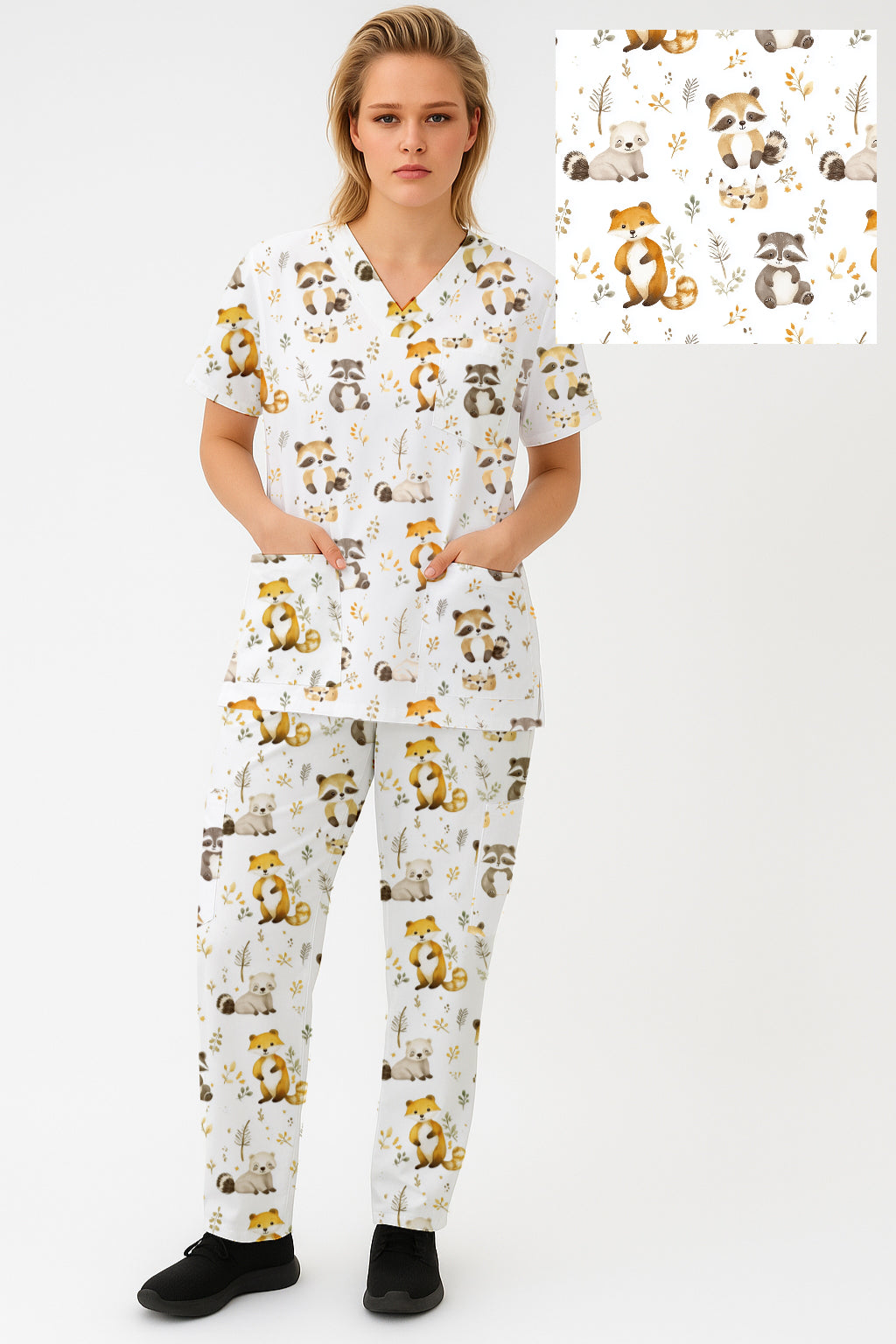 Woodland,Fox, Raccoon Printed  Scrub Set