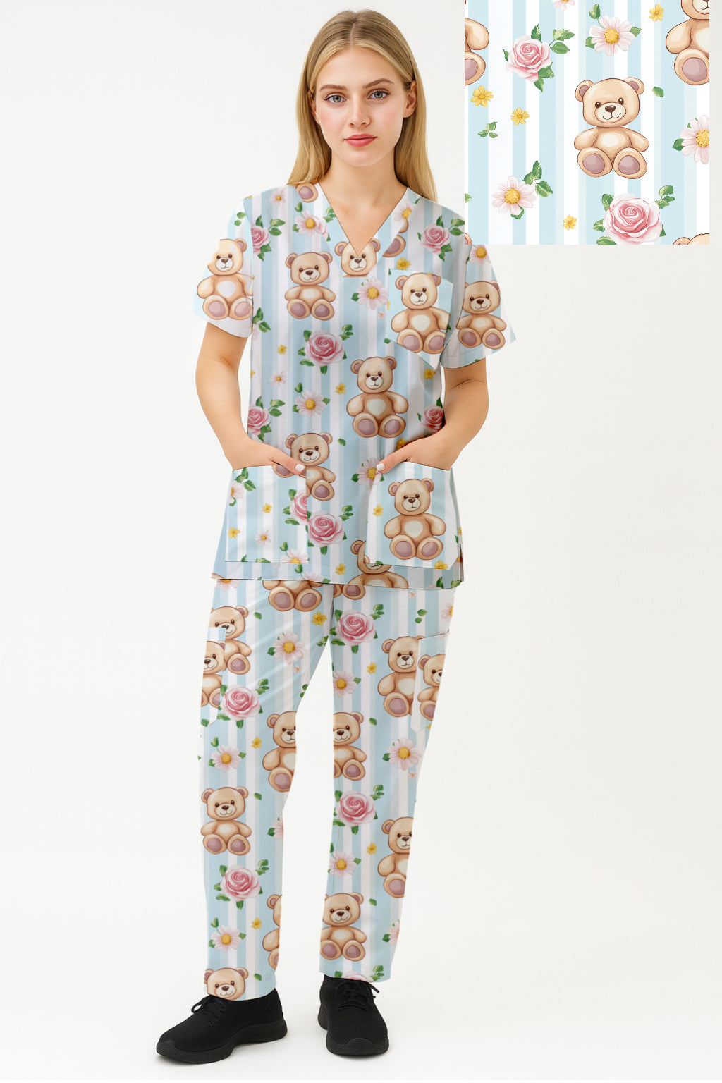 Cute Teddy FLower  Printed  Scrub Set