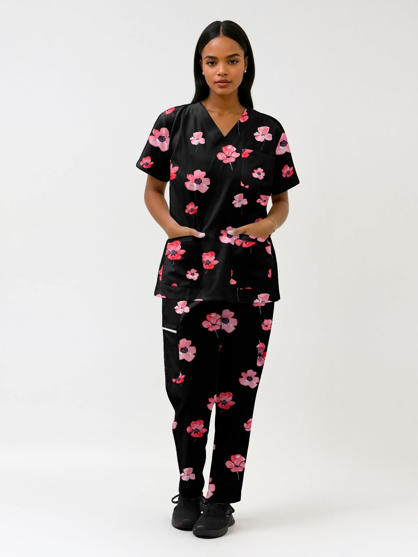 Poppy Flower ANZAC day  Print fun  Scrub Set , Top and Pants 100% Cotton