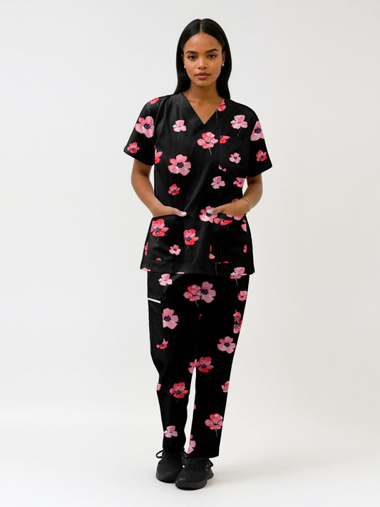 Poppy Flower ANZAC day  Print fun  Scrub Set , Top and Pants 100% Cotton