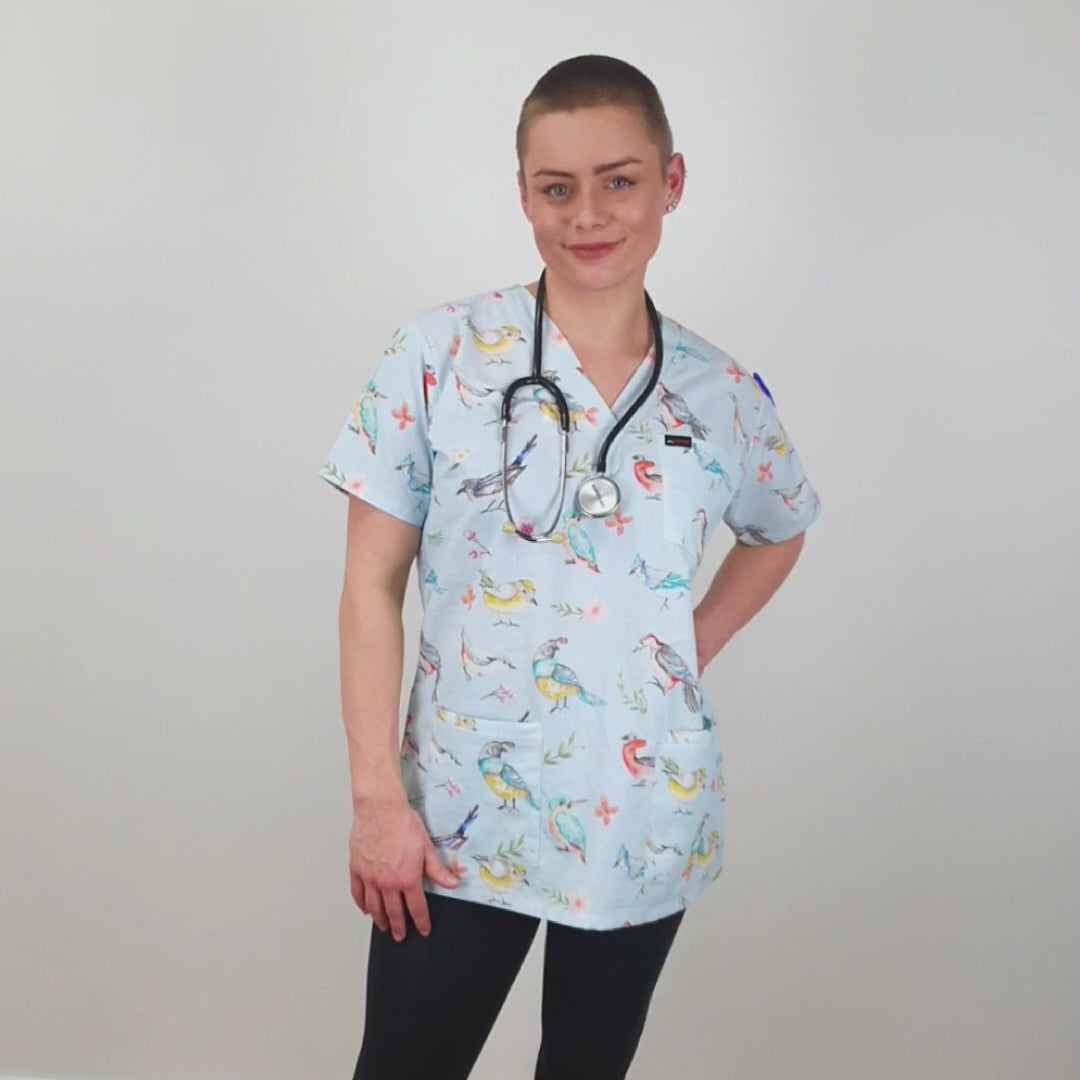 Birds Print Fun Scrub Top Australia For Nurses Doctors Allied Health X Suture