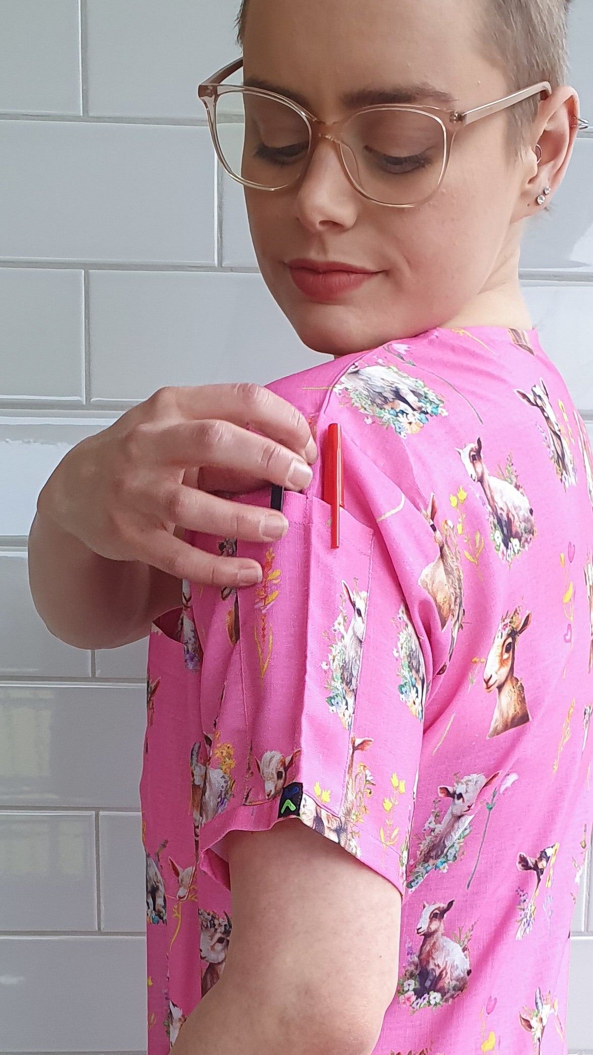 Cute Goat With Flowers Printed Fun Scrub Top Australia