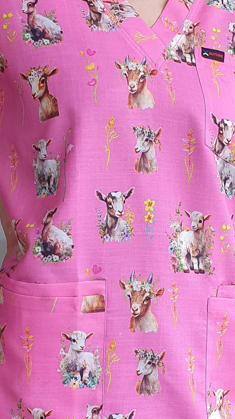 Cute Goat With Flowers Printed Fun Scrub Top Australia