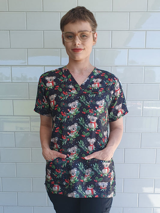 Koala Berry Christmas Printed Fun  Scrub Top Australia