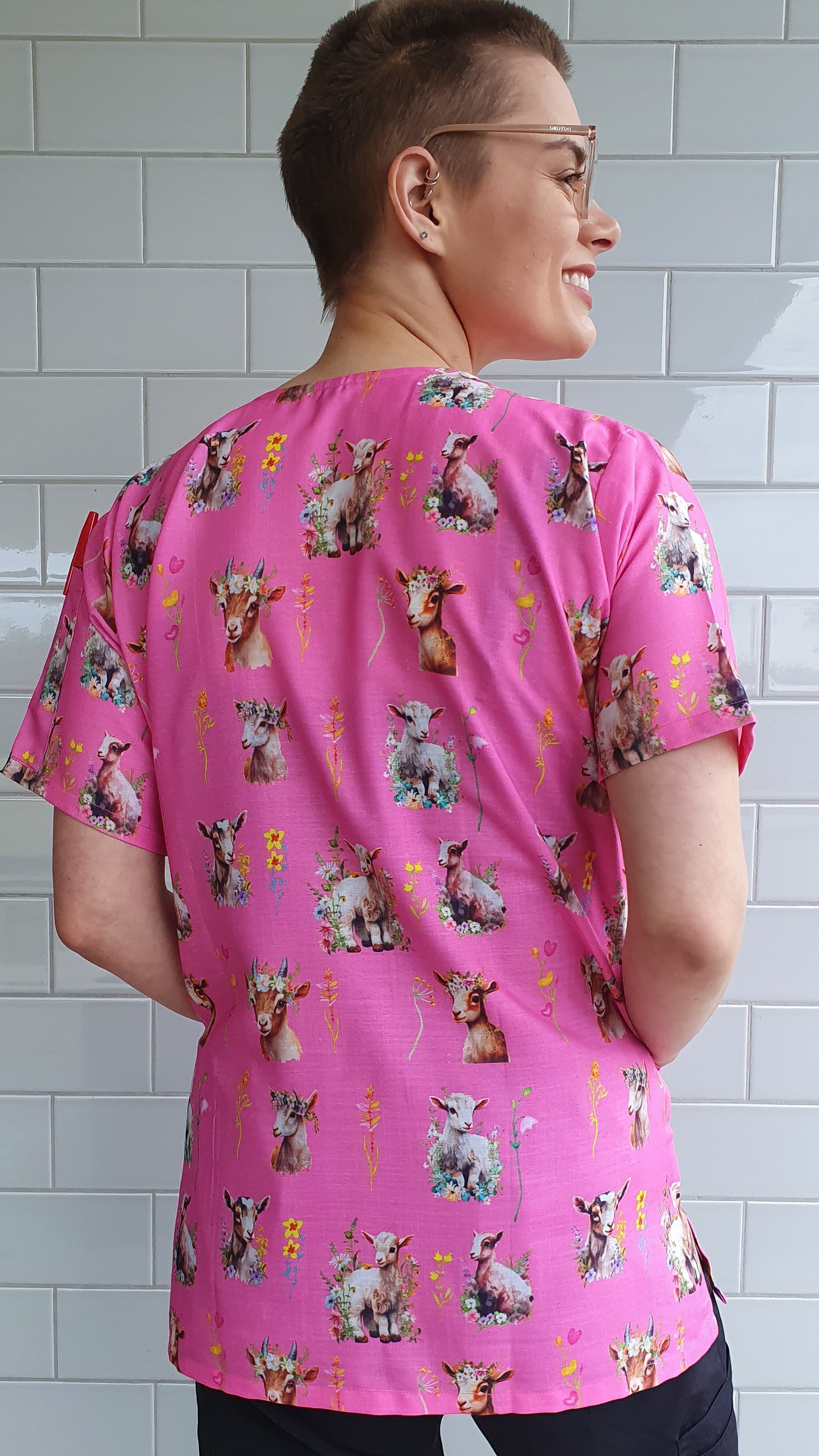 Cute Goat With Flowers Printed Fun Scrub Top Australia