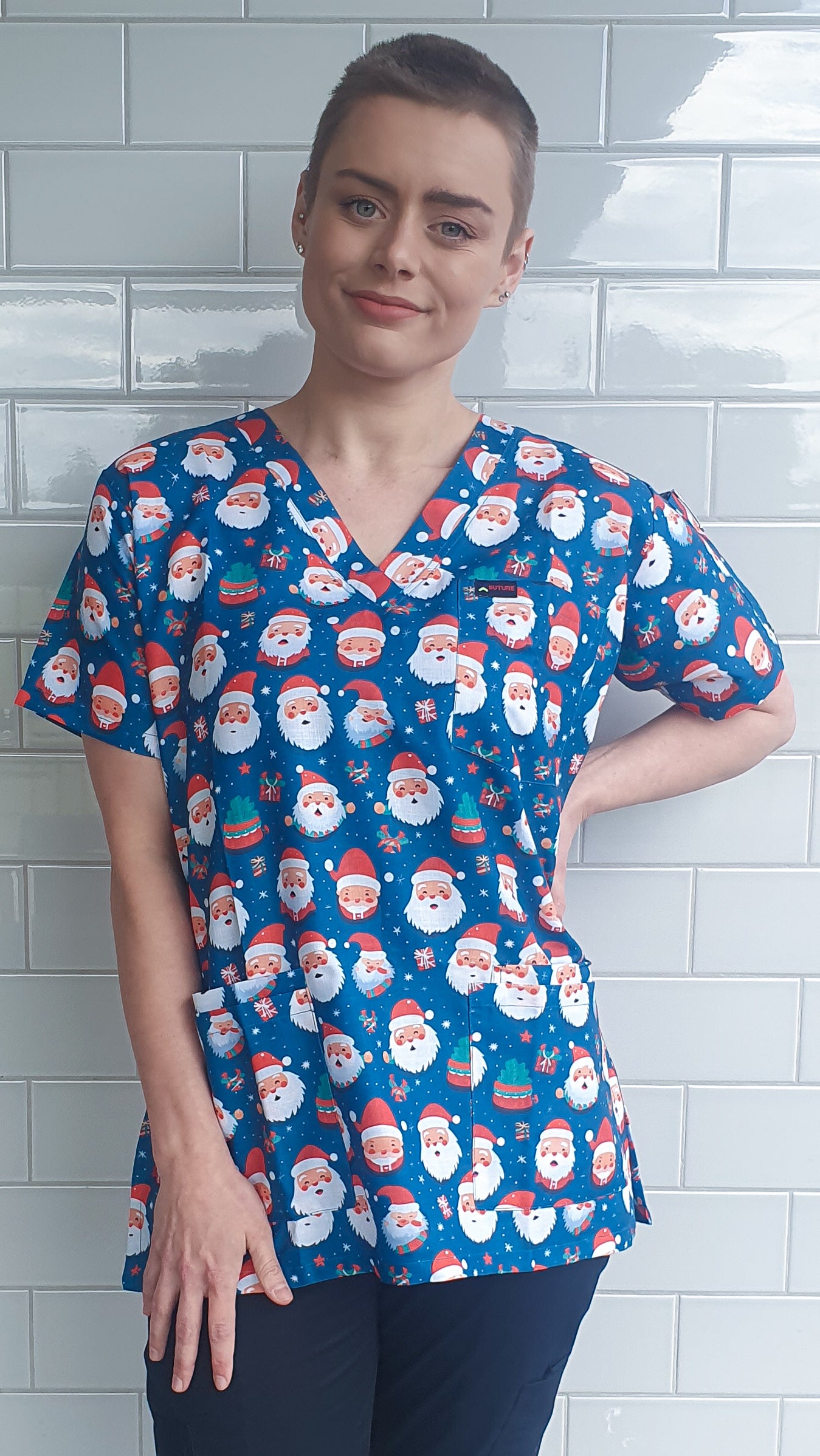 Santa Face  Christmas Printed Scrub Top Australia