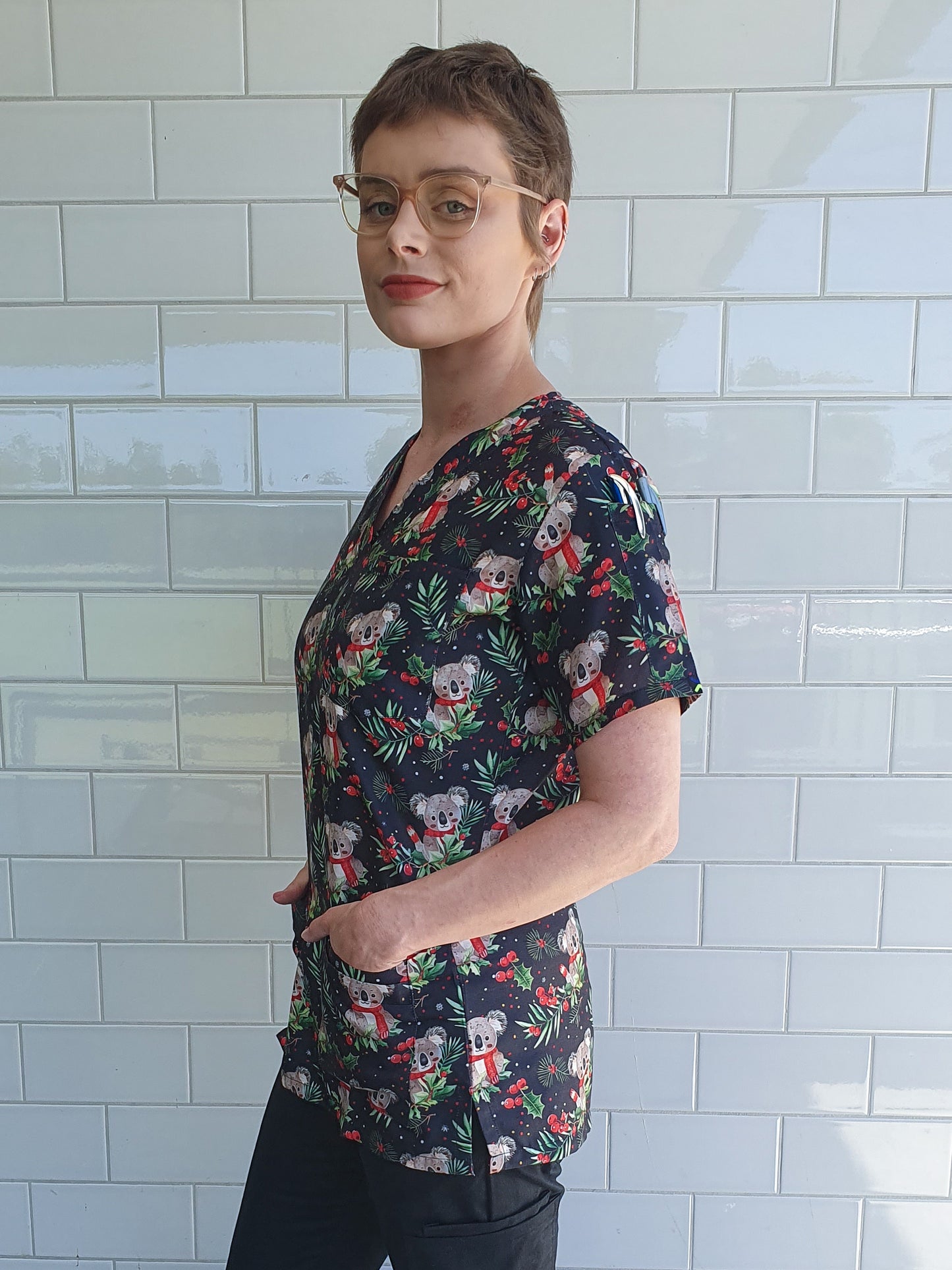 Koala Berry Christmas Printed Fun  Scrub Top Australia