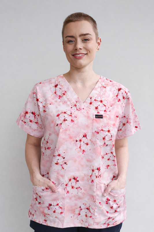Cherry Blossom Flowers Printed Pink Scrub Top