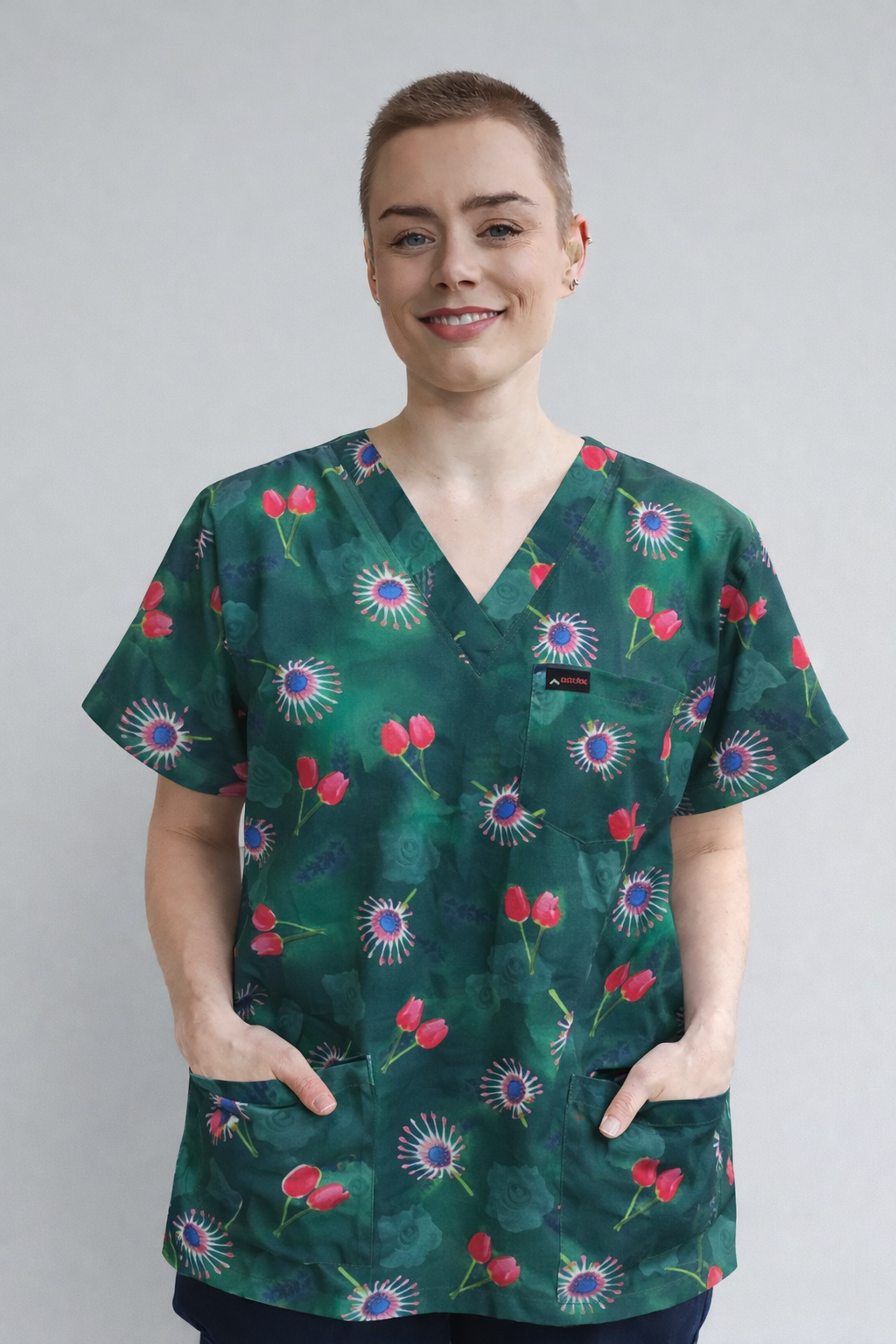 Green Floral Printed  Scrub Top