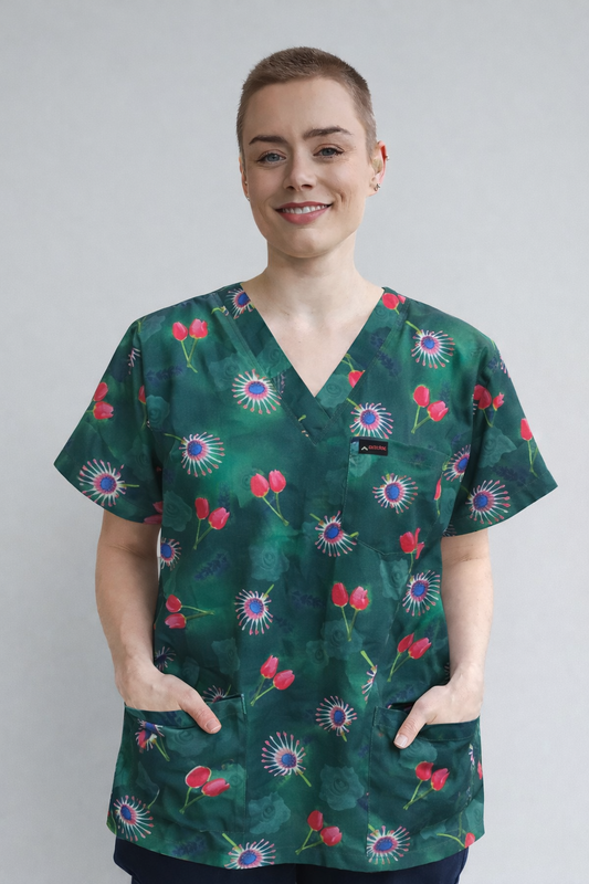 Green Floral Printed  Scrub Top