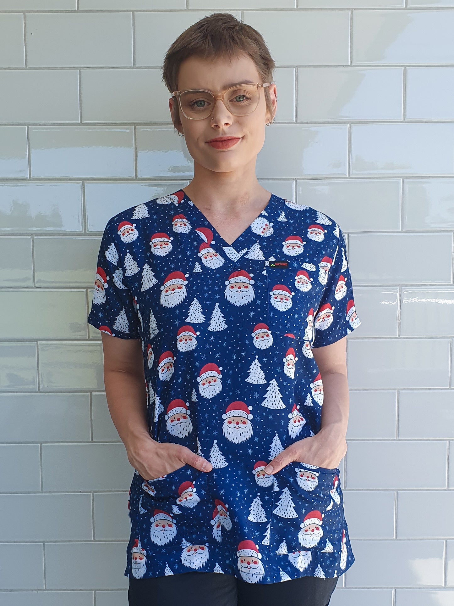 Santa Face  Christmas Printed Scrub Top Australia