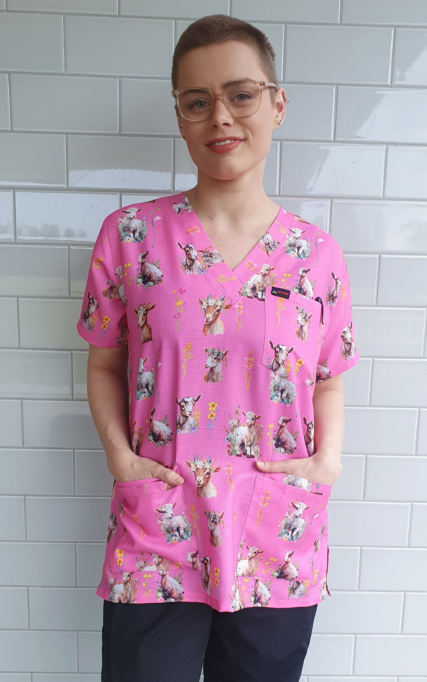 Cute Goat With Flowers Printed Fun Scrub Top Australia