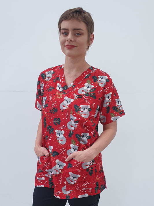 Koala On Tree Christmas Printed Fun  Scrub Top Australia