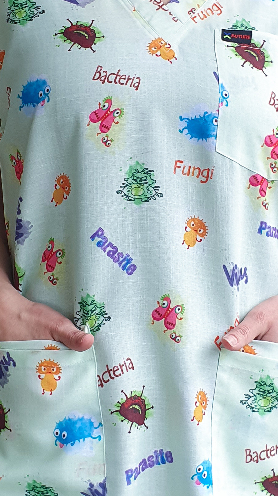 Cute Microorganism Bacteria Virus  Fungi Printed Scrub Top